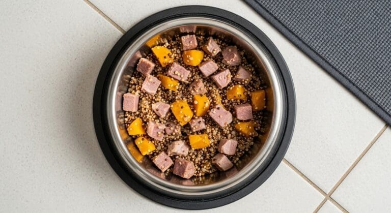Roestvrijstalen of plastic voerbak met hypoallergeen kattenvoer (eend, pompoen en quinoa), op een tegelvloer met taurinepoeder en zonnebloemolie ernaast.