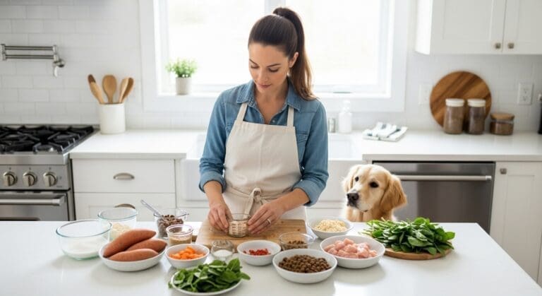 Baasje bereidt nierdieet voor hond in nette keuken met ingrediënten op aanrecht.