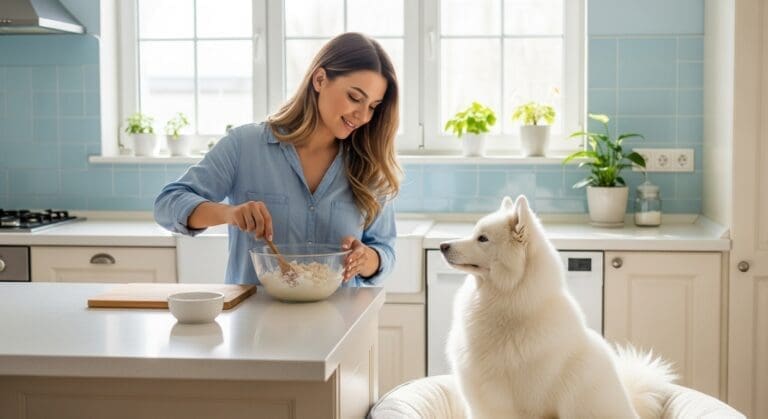 Baasje bereidt zachte herstelvoeding voor hond in huiselijke keuken.