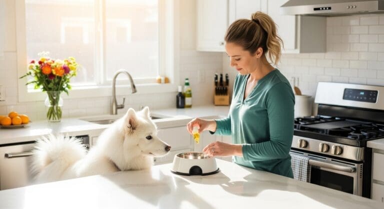 Baasje voegt Omega 3-olie toe aan hondenvoer in huiselijke keuken, hond kijkt toe