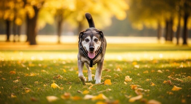 Blije senior hond wandelt rustig door een herfstpark met gouden bladeren