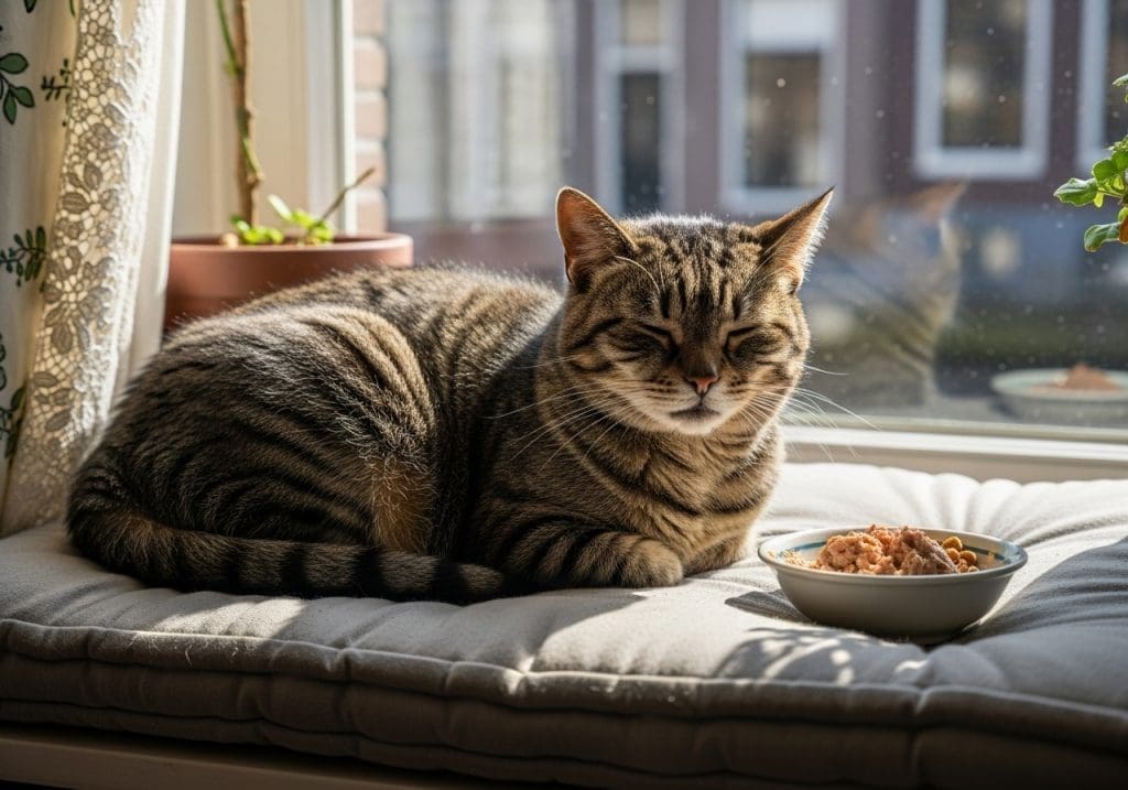 Diabetische kat rust na het eten in een warme vensterbank