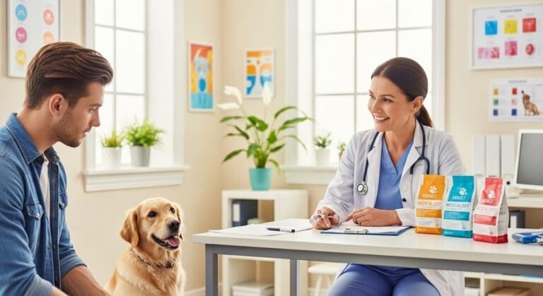 Dierenarts bespreekt medische dieetopties voor hond met baasje, verpakking zichtbaar.