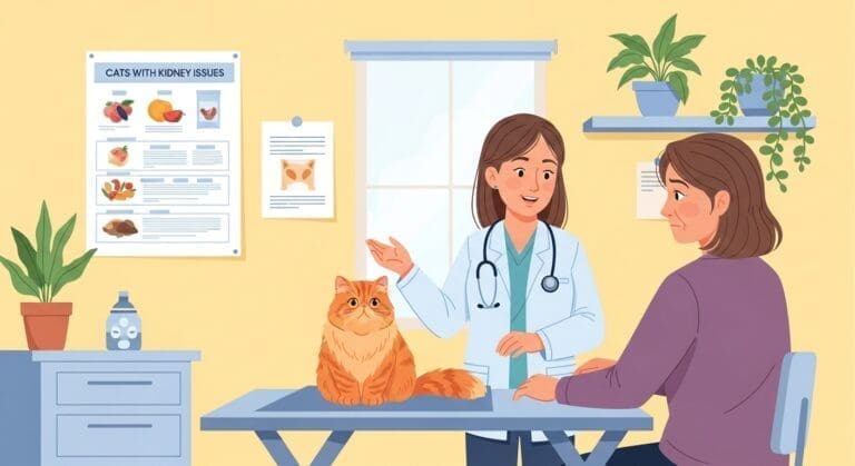 Dierenarts en baasje bespreken nierdieet voor kat in rustige kliniek, dieetposter op achtergrond.