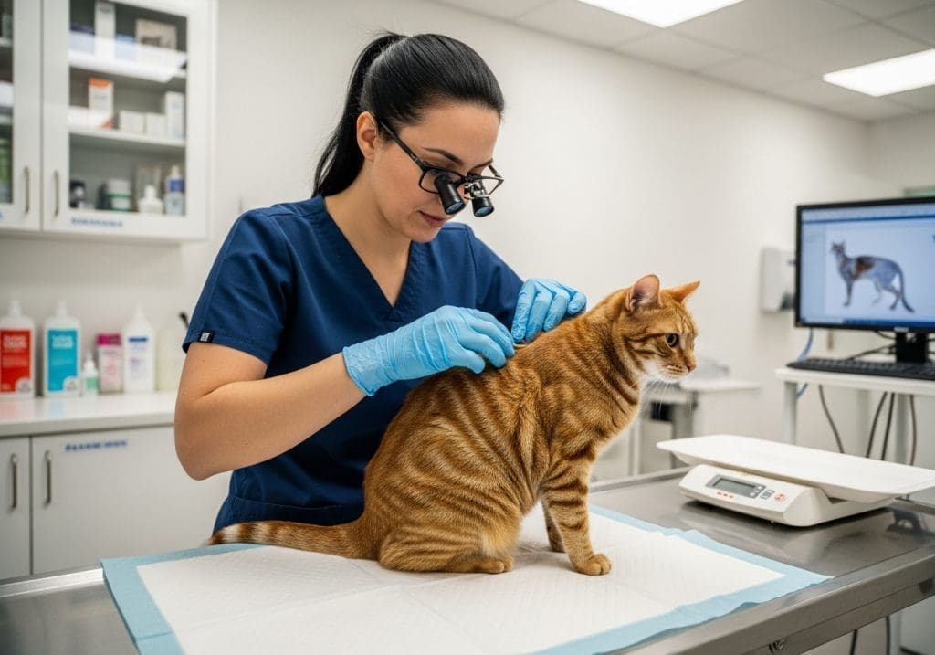 Dierenarts onderzoekt vacht van kat in kliniek