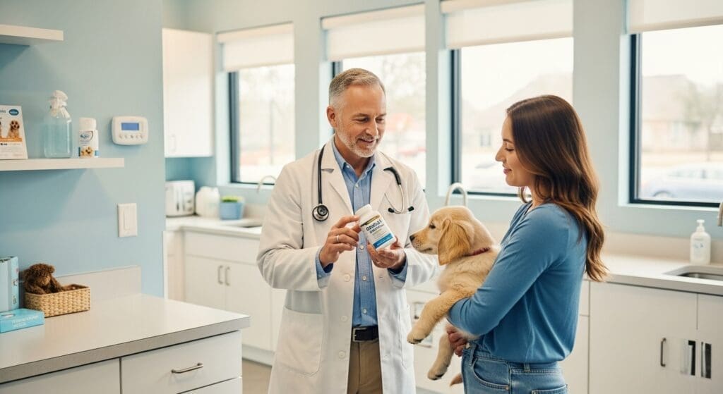 Dierenarts toont Omega 3-supplement voor honden aan baasje in warme kliniek.