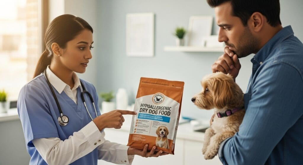 Dierenarts toont hypoallergene hondenbrokken aan bezorgde eigenaar in de kliniek.