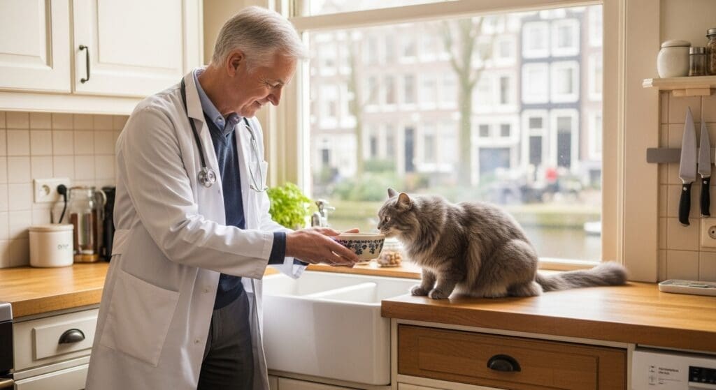 Dierenarts voert een kat dieetvoeding in een warme Amsterdamse keuken.