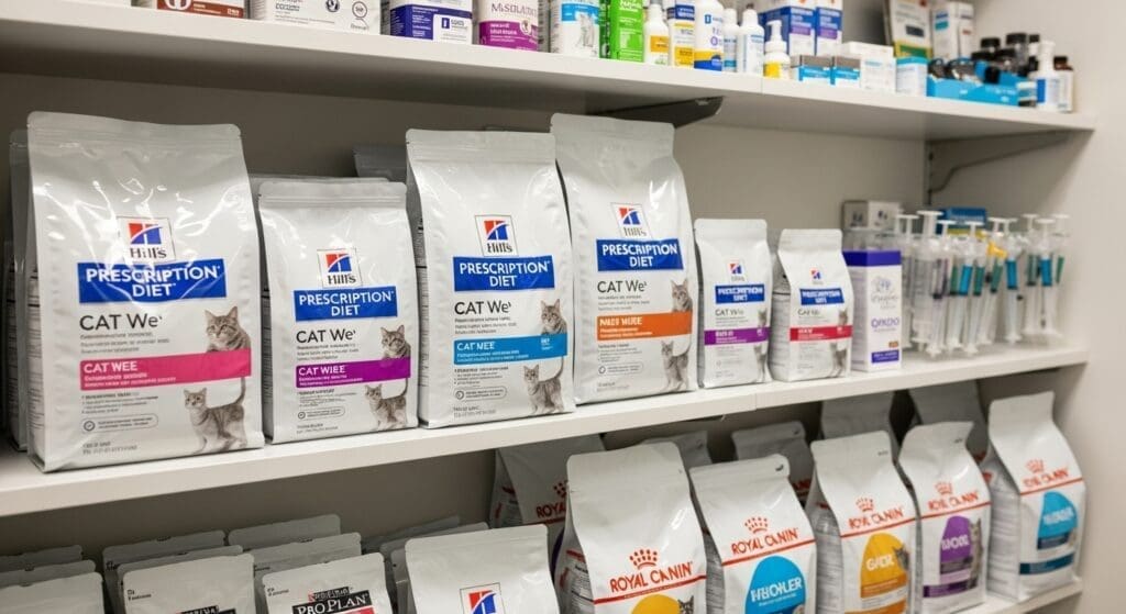 Dierenkliniekrek met Hill’s Prescription Diet kattenvoeding tussen andere dieetvoeders.