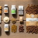 Een rustieke flatlay van gezonde hondensupplementen en brokken op een houten ondergrond.