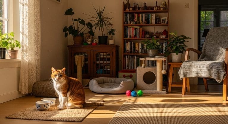 Gezellige Nederlandse woonkamer met kat en dieetvoer