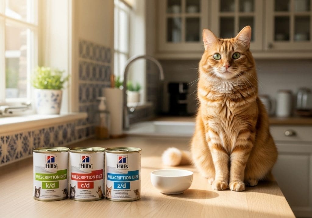 Hill’s dieetvoer voor katten op aanrecht met duidelijke etiketten