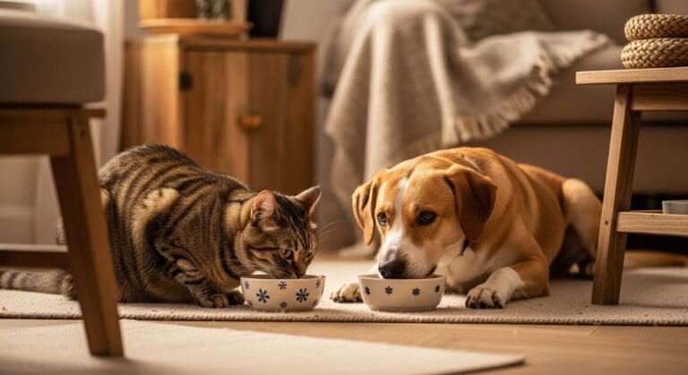 Hond en kat eten rustig hun vers bereide maaltijd.