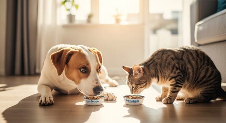 Hond en kat eten samen dieetvoer in een zonnige woonkamer.