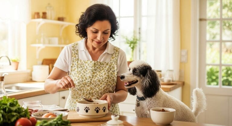Hond kijkt toe terwijl baasje zelfgemaakt voer in bakje schept in huiselijke keuken.