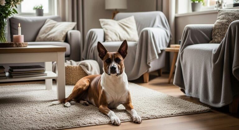 Hond ligt tevreden en ontspannen in huis.