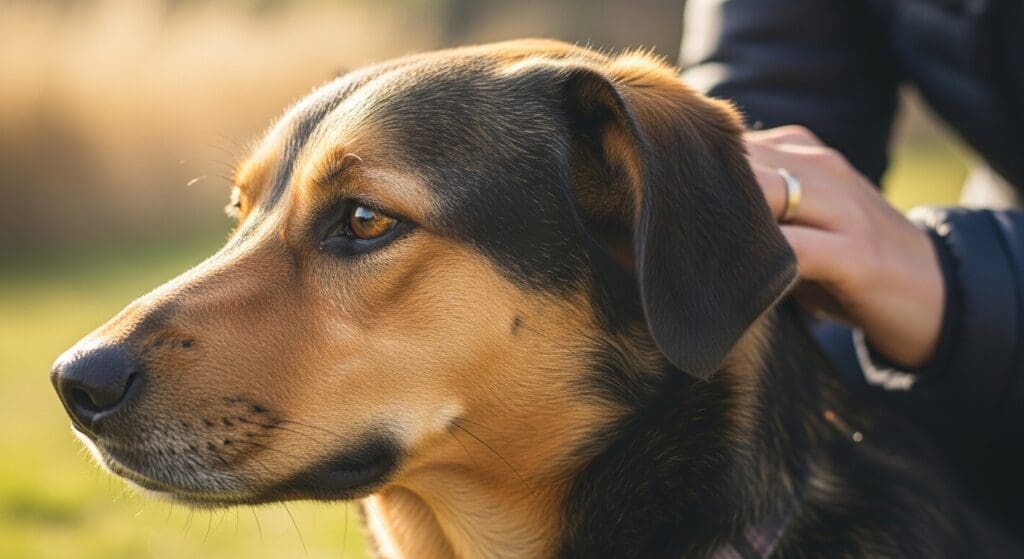 Hond met glanzende vacht buiten, baasje aait zachtjes in zonlicht.