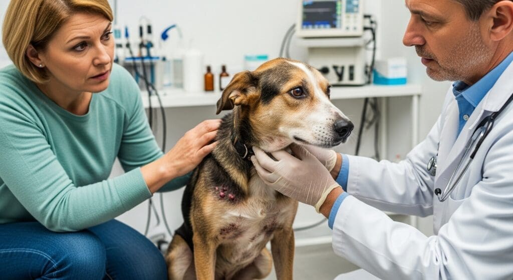 Hond met huidirritatie wordt onderzocht door dierenarts.