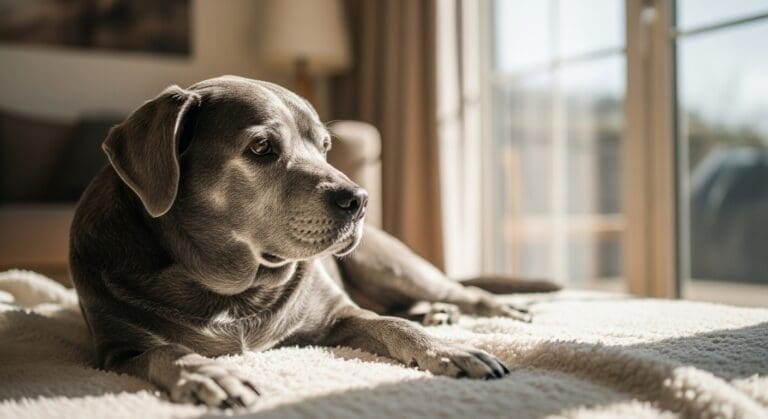 Hond rust comfortabel op zachte deken in huis.