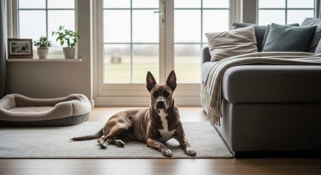 Hond rust ontspannen in woonkamer.