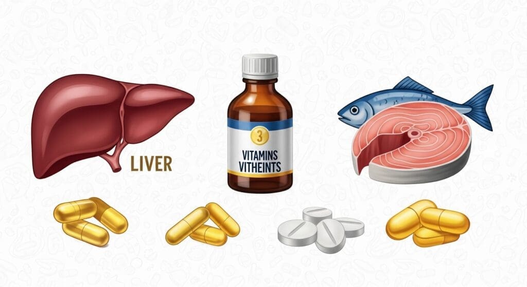 Illustratie van belangrijke kattenvitamines, met iconen van lever, vis en supplementen.