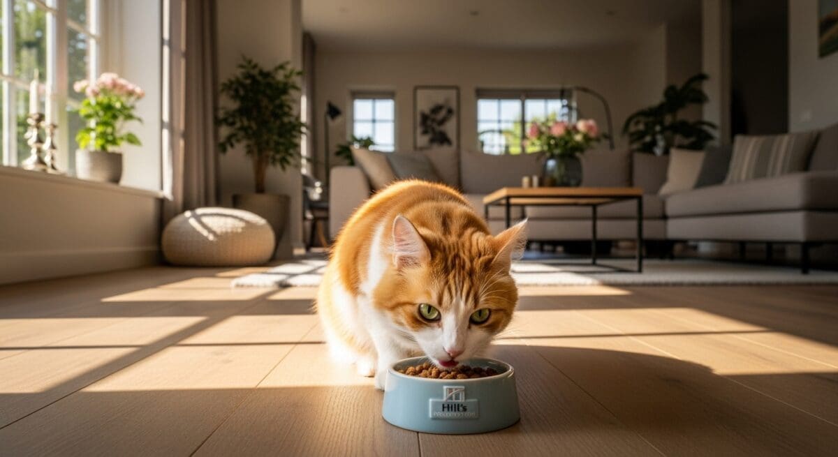Kat eet Hill’s dieetvoer in zonnige Nederlandse woonkamer