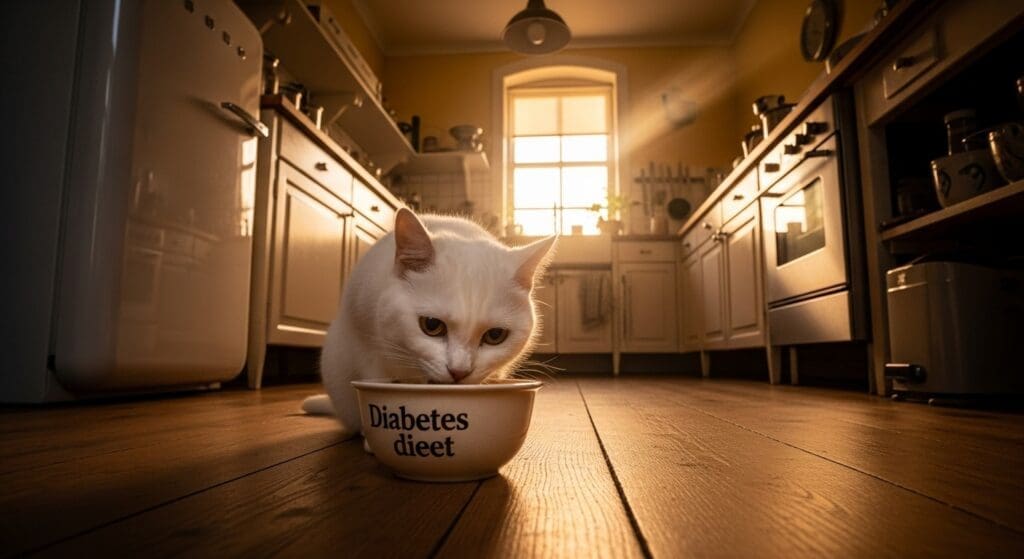 Kat eet voeding voor diabetes in keuken.