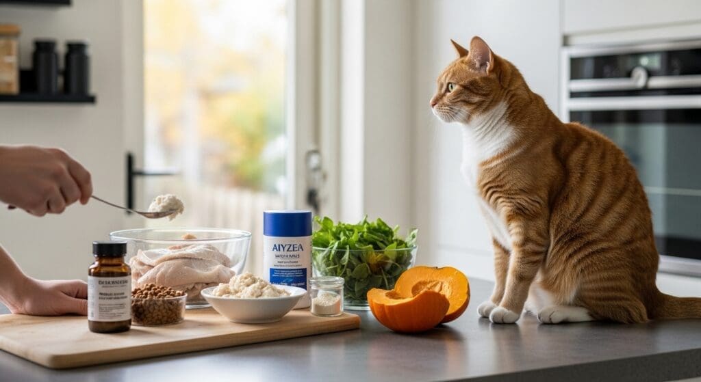 Kat kijkt toe hoe vers dieetvoer wordt bereid in keuken.