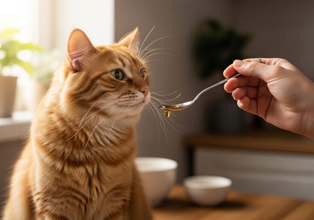 Kat krijgt visoliesupplement op een lepel aan de keukentafel