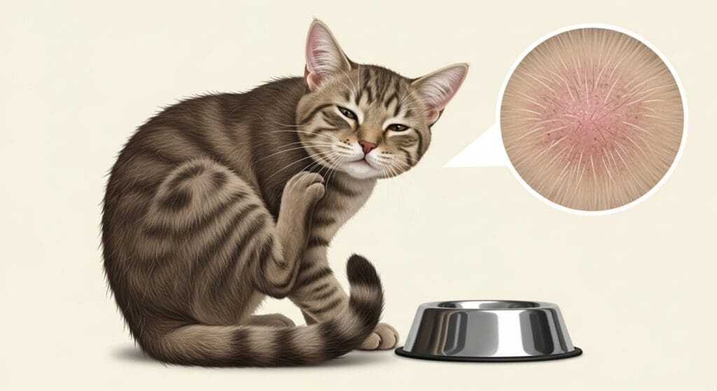 Kat met allergieklachten krabt zich en heeft doffe vacht naast voerbakje.