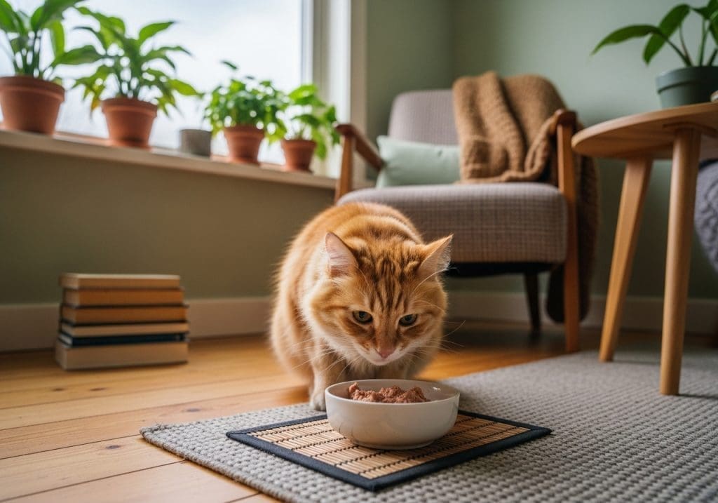 Kat met diabetes ruikt voorzichtig aan nieuw dieetvoer