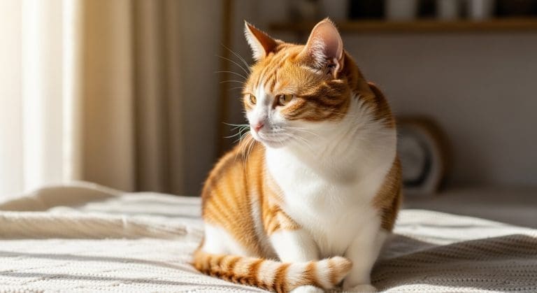 Kat met glanzende vacht ligt op een zachte deken in zonlicht