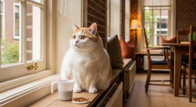 Kat met overgewicht kijkt uit raam met afgemeten dieetvoer op de vloer