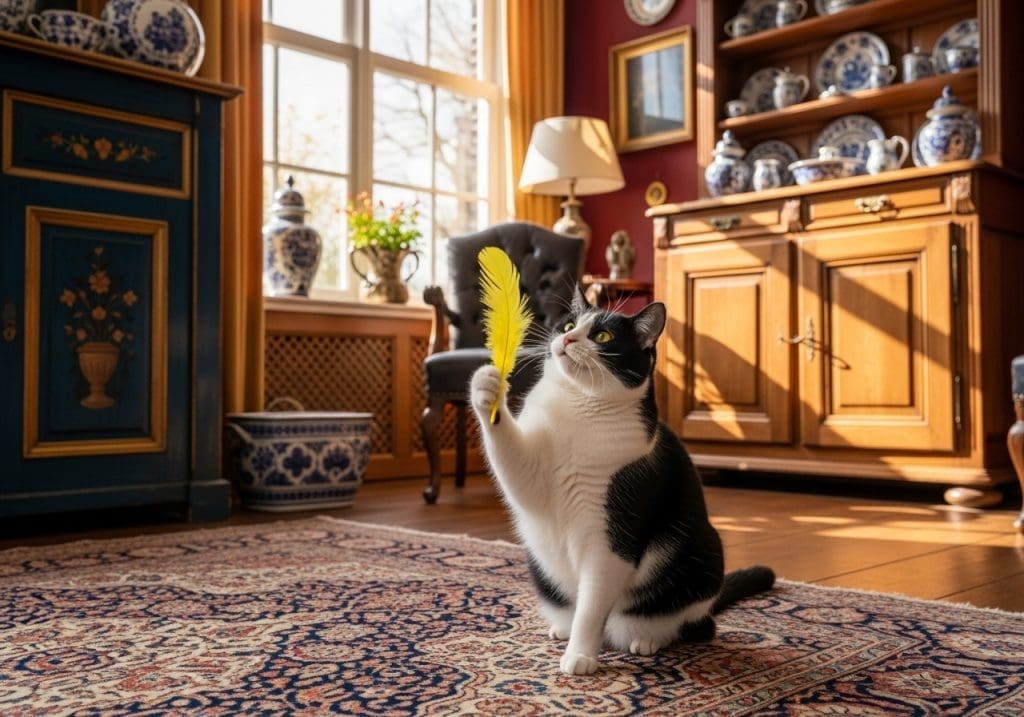 Kat met overgewicht speelt voorzichtig met een veerspeeltje in Nederlandse woonkamer