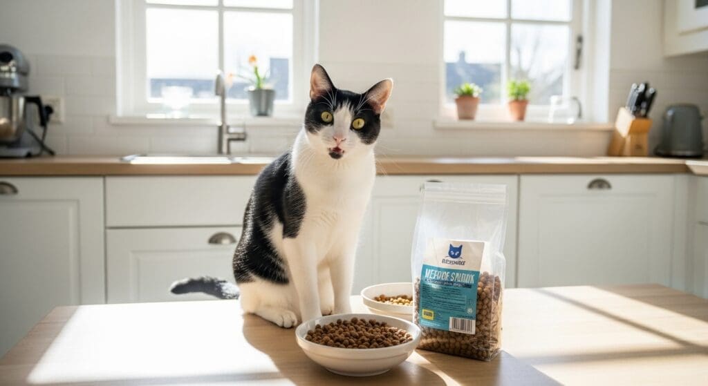 Kat naast bakje gewone kattenvoeding in keuken.