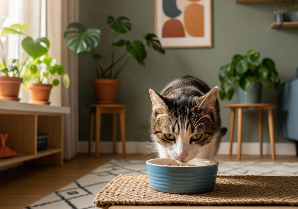 Kat ruikt voorzichtig aan nieuw dieetvoer van Hill’s