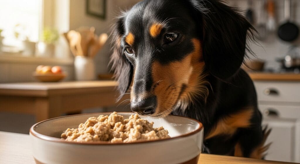 Kieskeurige hond snuffelt aan hypoallergeen natvoer in een keramieken bakje.