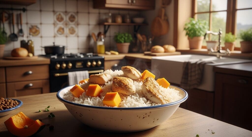 Kom met rijst, kip en pompoen als zelfgemaakt hondenvoer in warme keuken.