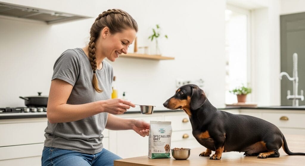 Nederlandse eigenaar geeft zijn te zware hond een afgewogen portie dieetvoer in moderne keuken.