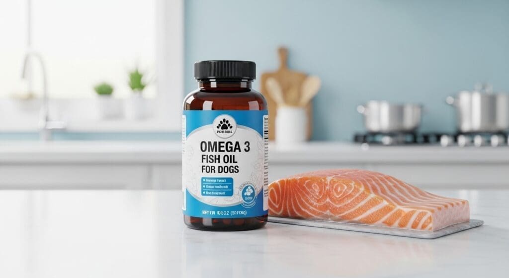 Omega 3-visoliesupplementen voor honden naast verse zalm op keukenblad.