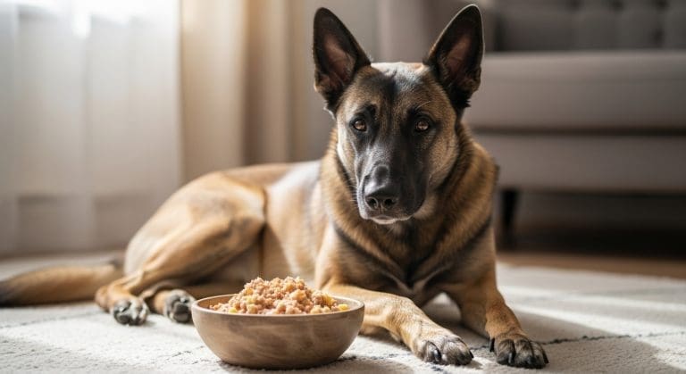 Ontspannen hond naast bakje glutenvrij en kipvrij hondenvoer in zacht licht