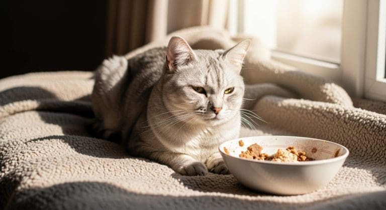 Ontspannen senior kat met bakje zelfgemaakt natvoer naast zich in zonlicht