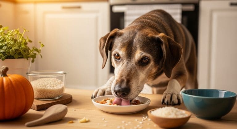 Oudere hond eet huisgemaakt darmvriendelijk voer in een warme keuken