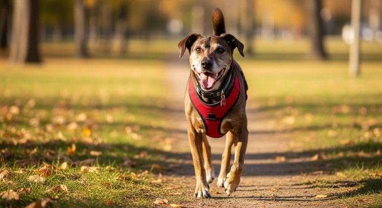 Oudere hond wandelt soepel door herfstpark met comfortabel tuigje