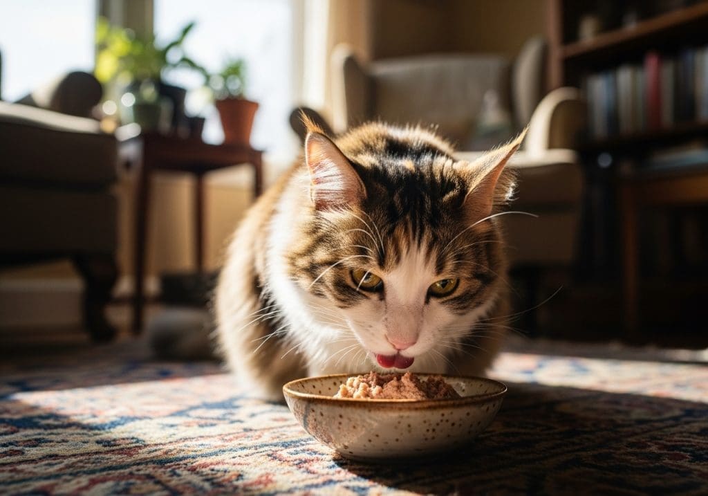 Oudere kat eet zacht dieetvoer in een rustige huiskamer