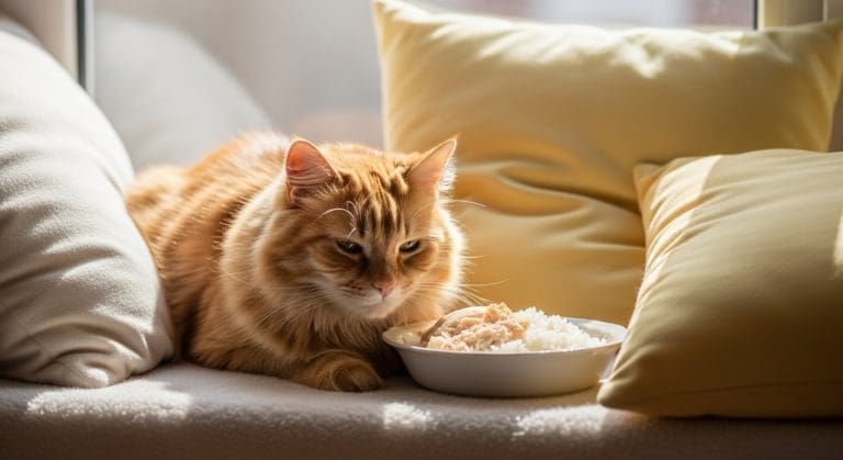 Oudere kat rust uit na maaltijd met zachte kip en rijst bij nierfalen