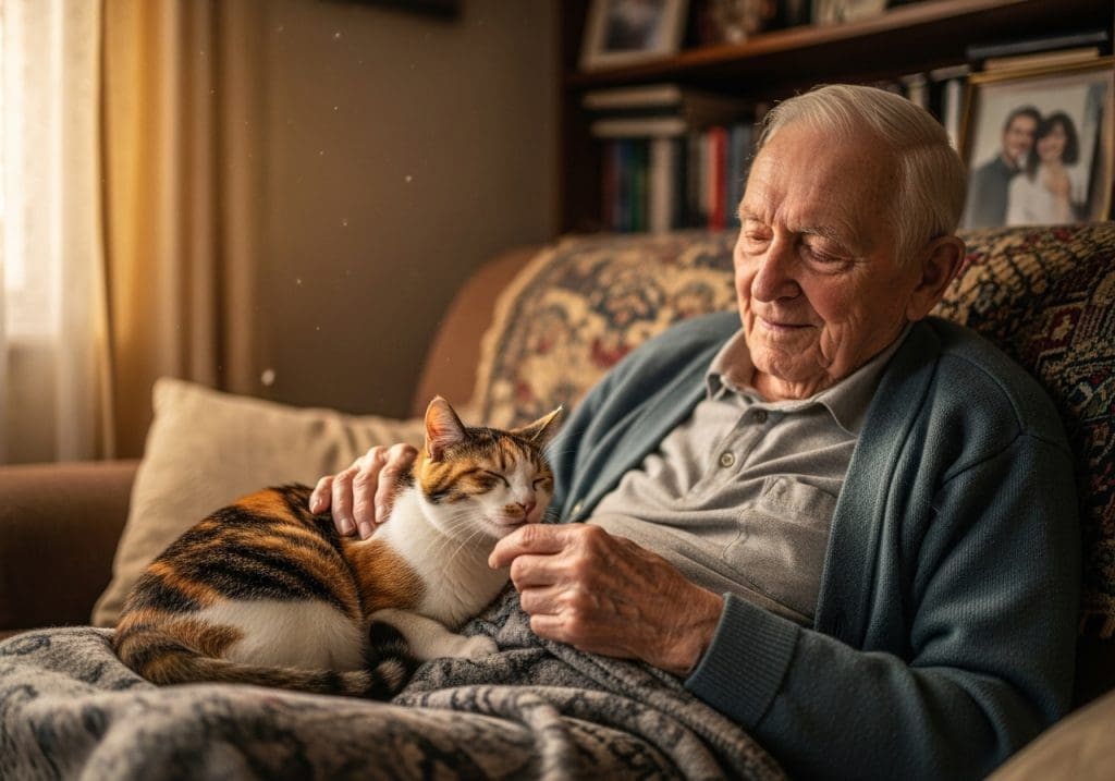 Oudere man aait zijn kat met herstelde vacht op de bank