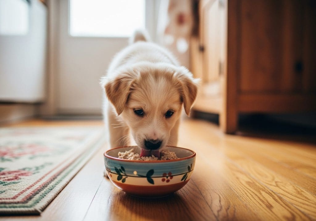 Pup eet zachte zelfgemaakte voeding uit kom op warme keukenvloer