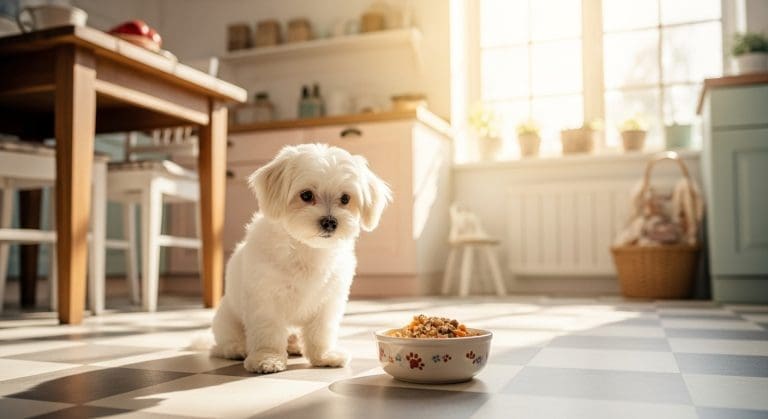 Pup zit voor bakje zachte zelfgemaakte voeding in zonnige keuken
