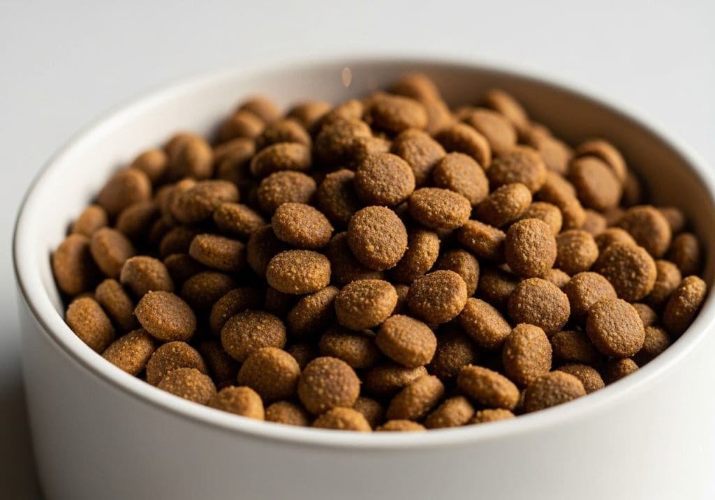 Royal Canin dieetbrokken in een witte kom met zachte belichting